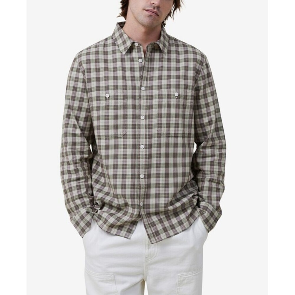 COTTON ON Men's Brooklyn Casual Long Sleeves Shirt Green Brown Micro Check 2XL